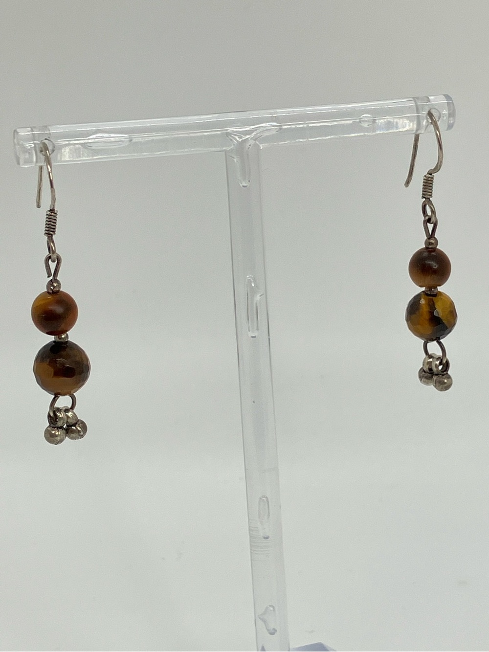 Vtg 925 Tigers Eye Faceted & Smooth Bead Dangle Sterling Silver Earrings